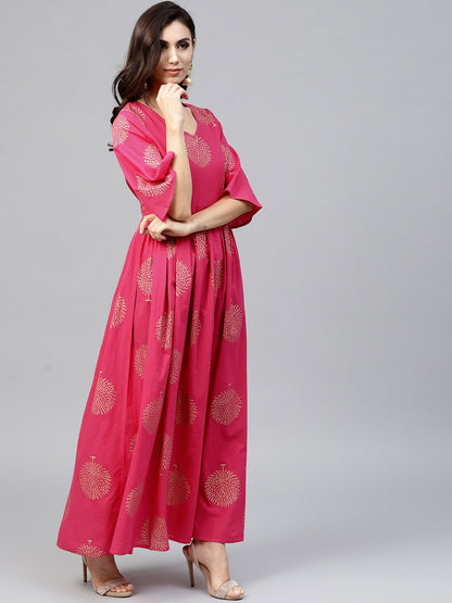 Magenta Printed Maxi Dress With V-Neck And Flared Half Slevees | LASVINI - Redefining Indian Fashion with Elegance