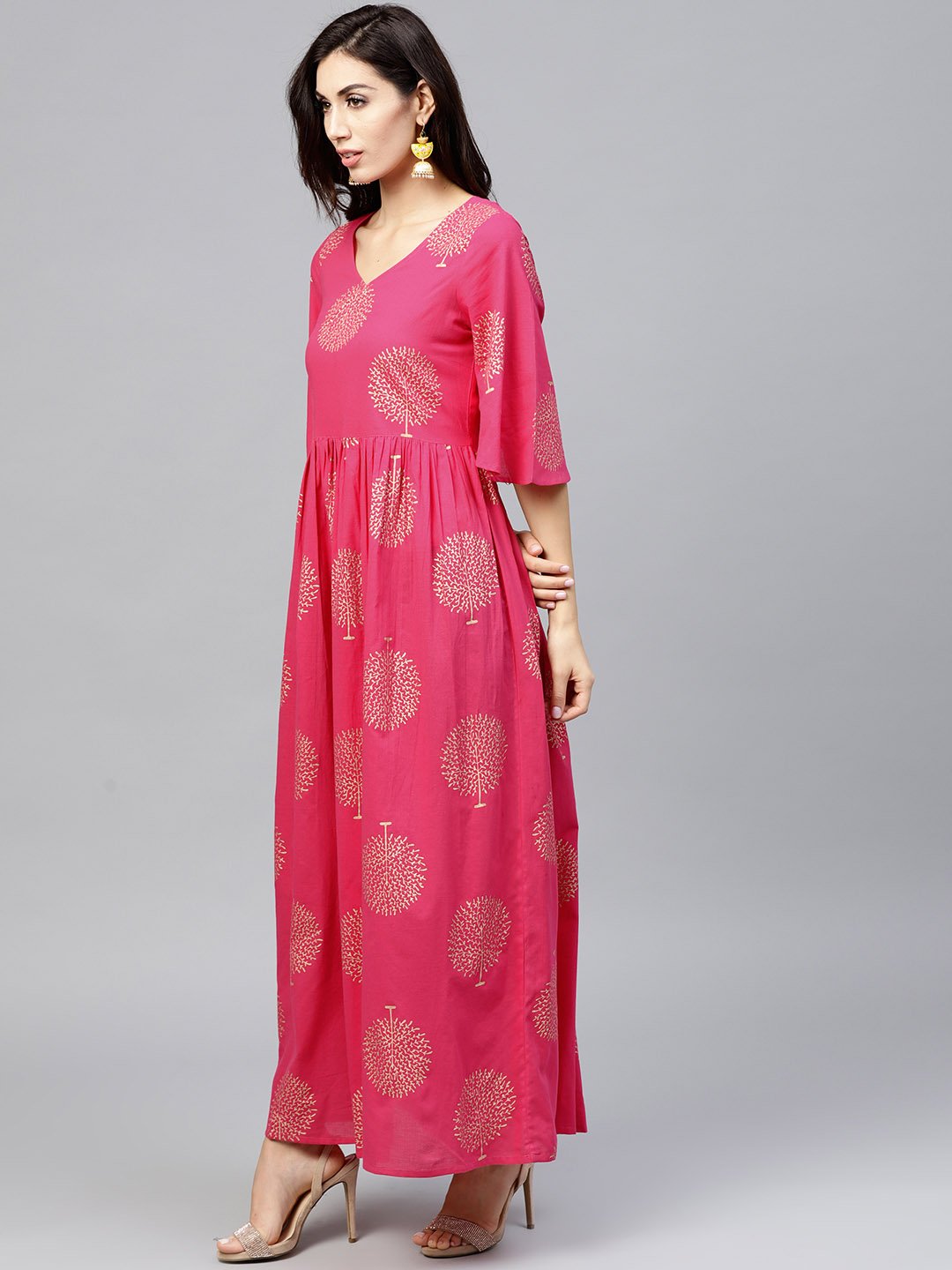 Magenta Printed Maxi Dress With V-Neck And Flared Half Slevees | LASVINI - Redefining Indian Fashion with Elegance