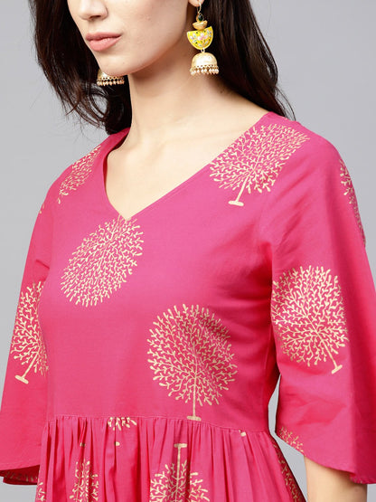 Magenta Printed Maxi Dress With V-Neck And Flared Half Slevees | LASVINI - Redefining Indian Fashion with Elegance