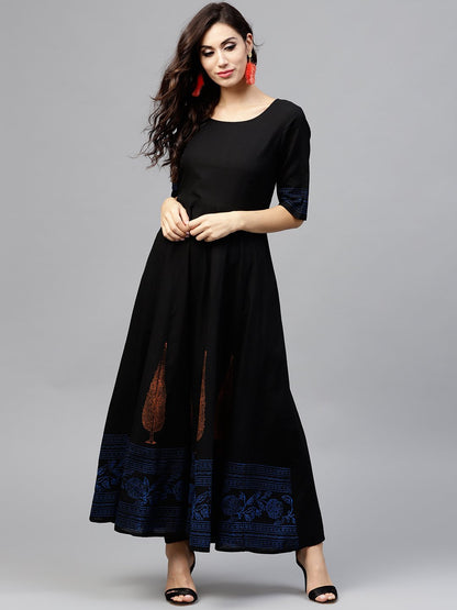 Black Block Printed Maxi Dress With Round Neck And  Halfsleevs | LASVINI - Redefining Indian Fashion with Elegance