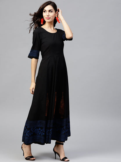 Black Block Printed Maxi Dress With Round Neck And  Halfsleevs | LASVINI - Redefining Indian Fashion with Elegance