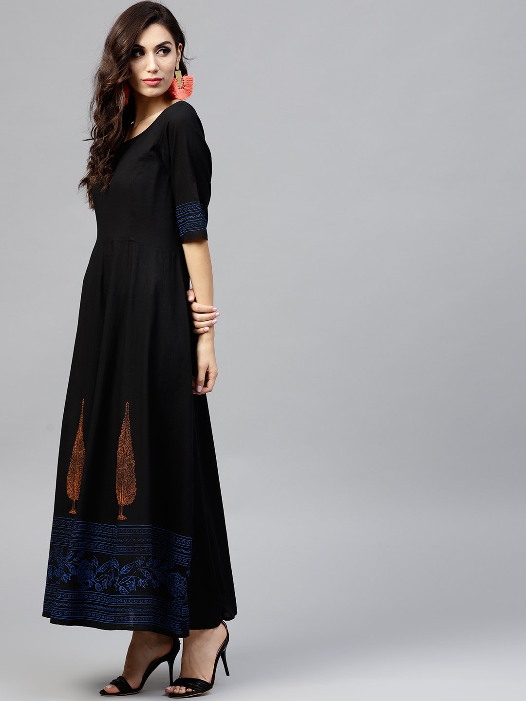 Black Block Printed Maxi Dress With Round Neck And  Halfsleevs | LASVINI - Redefining Indian Fashion with Elegance