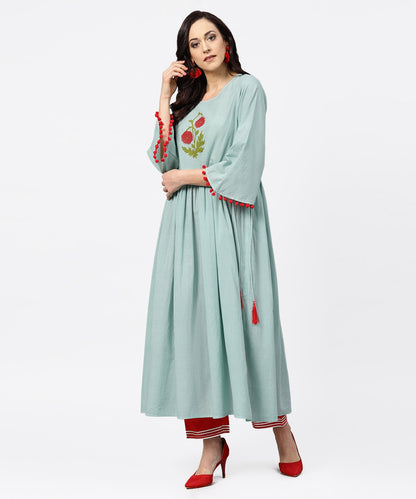 Powder Blue 3/4Th Sleeve Cotton Anarkali Kurta With Red Palazzo | LASVINI - Redefining Indian Fashion with Elegance