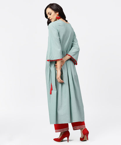 Powder Blue 3/4Th Sleeve Cotton Anarkali Kurta With Red Palazzo | LASVINI - Redefining Indian Fashion with Elegance