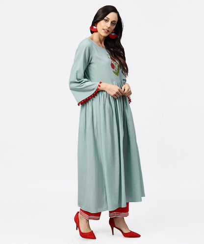 Powder Blue 3/4Th Sleeve Cotton Anarkali Kurta With Red Palazzo | LASVINI - Redefining Indian Fashion with Elegance