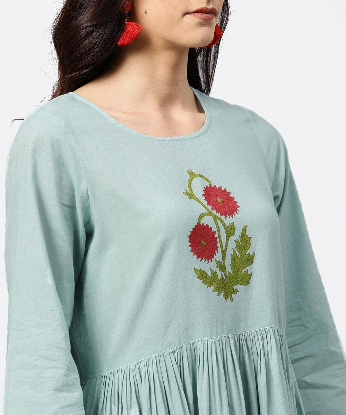 Powder Blue 3/4Th Sleeve Cotton Anarkali Kurta With Red Palazzo | LASVINI - Redefining Indian Fashion with Elegance