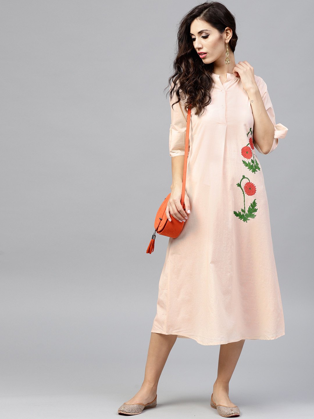 Light Peach Madarin Collar Dress With Front Placket And Half Sleeves | LASVINI - Redefining Indian Fashion with Elegance