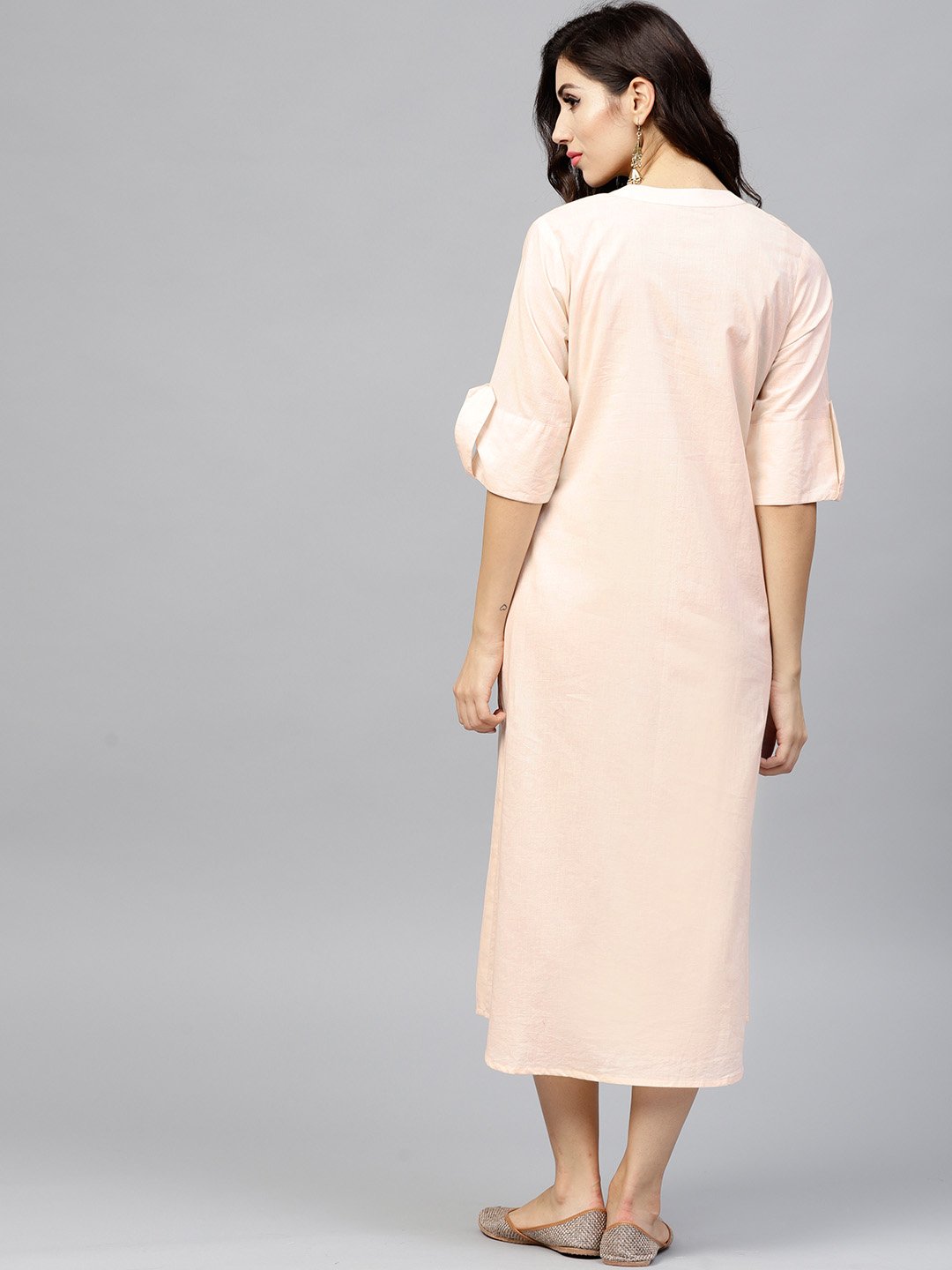 Light Peach Madarin Collar Dress With Front Placket And Half Sleeves | LASVINI - Redefining Indian Fashion with Elegance