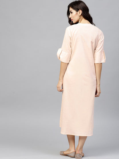 Light Peach Madarin Collar Dress With Front Placket And Half Sleeves | LASVINI - Redefining Indian Fashion with Elegance