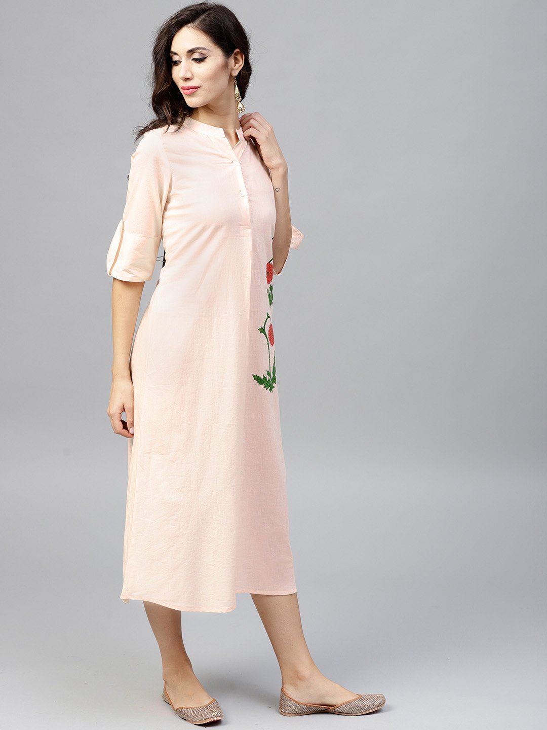 Light Peach Madarin Collar Dress With Front Placket And Half Sleeves | LASVINI - Redefining Indian Fashion with Elegance