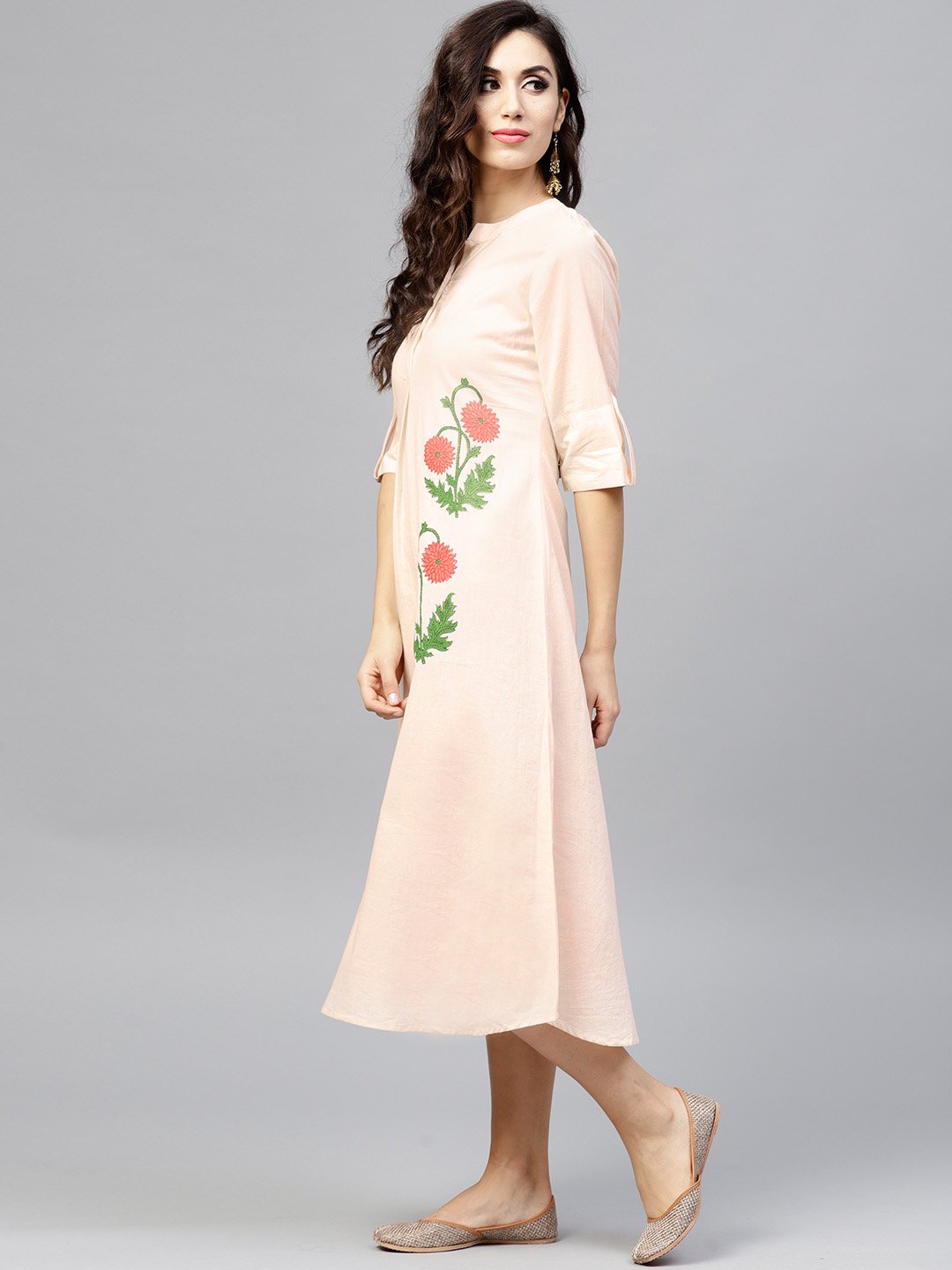 Light Peach Madarin Collar Dress With Front Placket And Half Sleeves | LASVINI - Redefining Indian Fashion with Elegance
