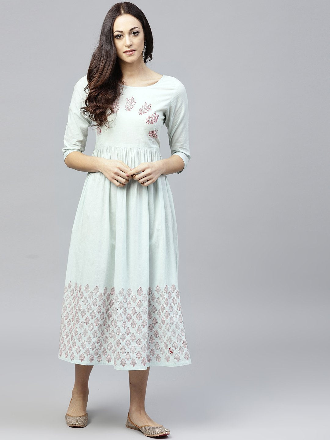 Powder Blue Block Printed Dress With Round Neck And 3/4 Sleeves | LASVINI - Redefining Indian Fashion with Elegance