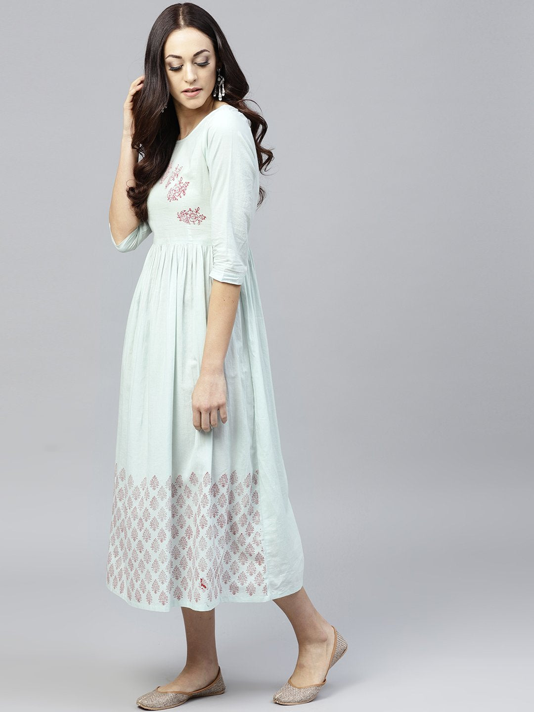 Powder Blue Block Printed Dress With Round Neck And 3/4 Sleeves | LASVINI - Redefining Indian Fashion with Elegance