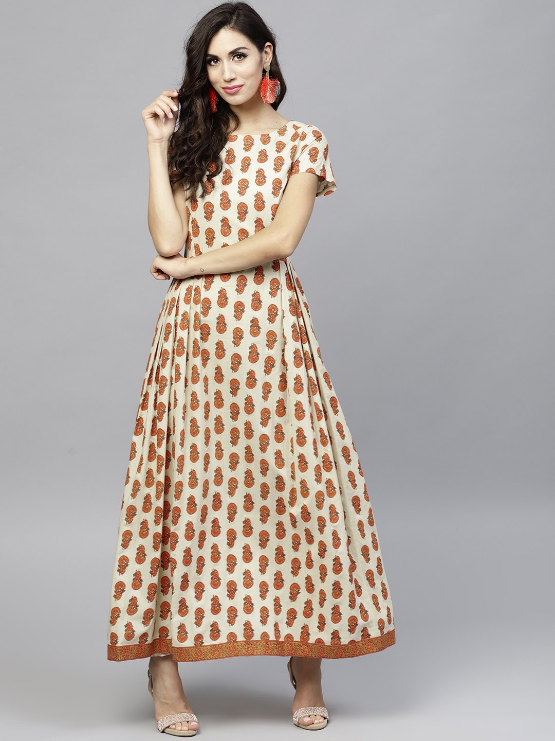 Off White Printed Maxi Dress With Round Neck And Half Sleeves | LASVINI - Redefining Indian Fashion with Elegance