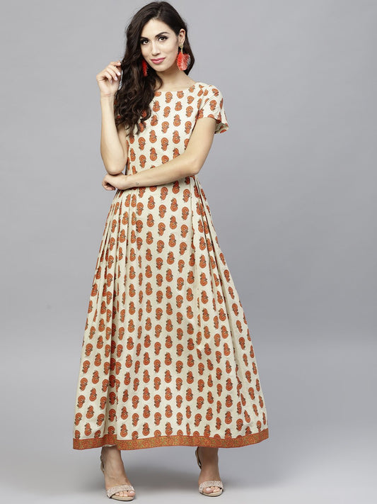 Off White Printed Maxi Dress With Round Neck And Half Sleeves | LASVINI - Redefining Indian Fashion with Elegance