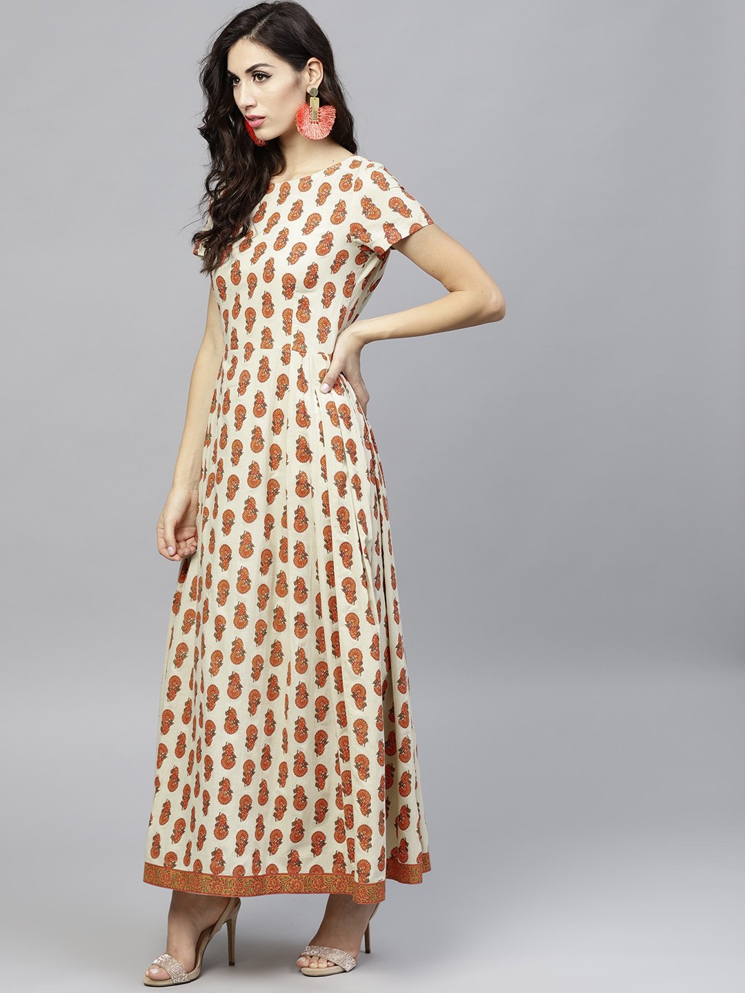 Off White Printed Maxi Dress With Round Neck And Half Sleeves | LASVINI - Redefining Indian Fashion with Elegance