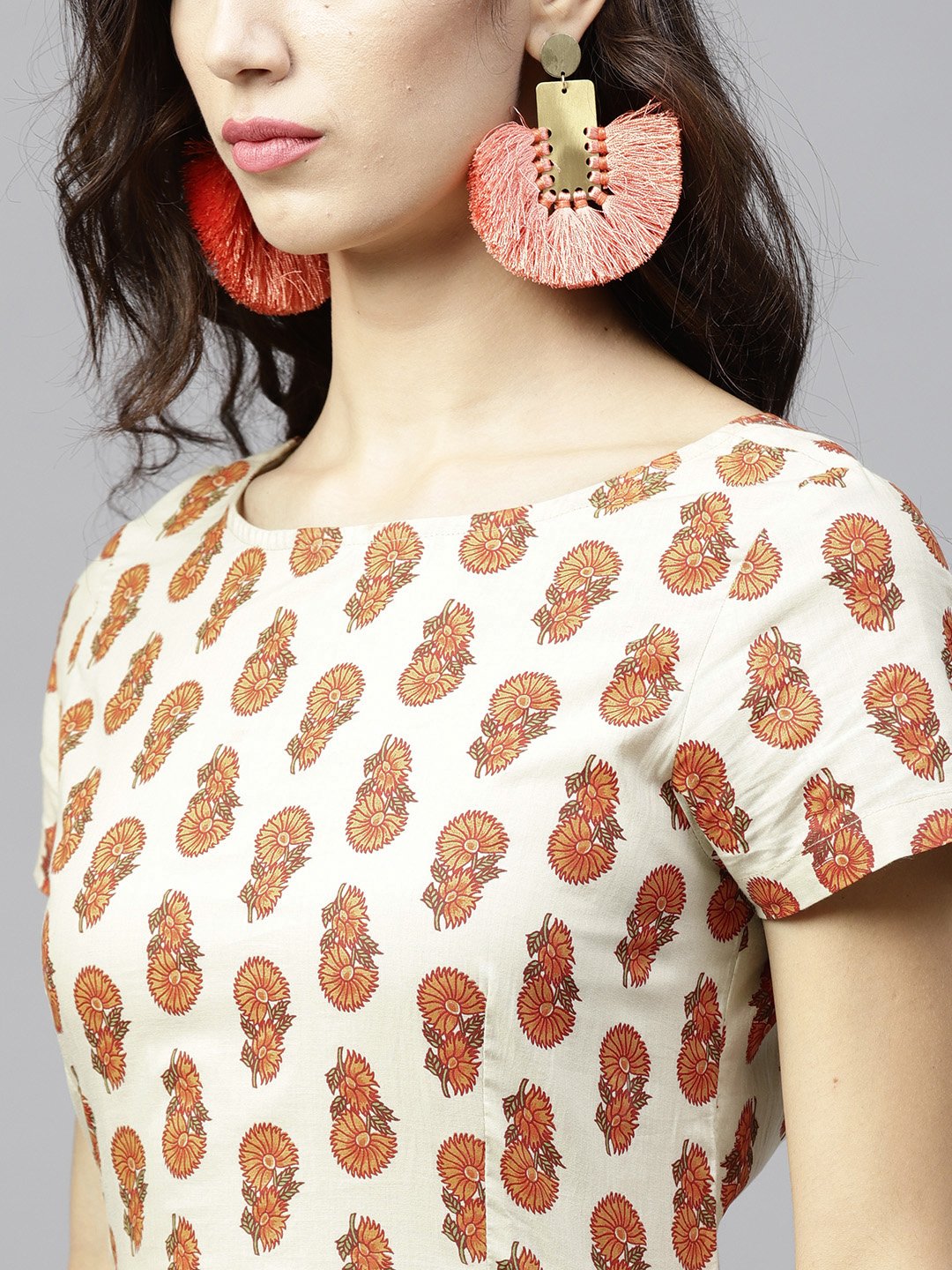 Off White Printed Maxi Dress With Round Neck And Half Sleeves | LASVINI - Redefining Indian Fashion with Elegance