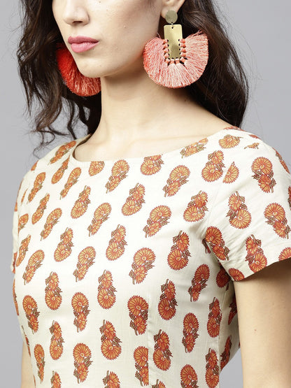 Off White Printed Maxi Dress With Round Neck And Half Sleeves | LASVINI - Redefining Indian Fashion with Elegance