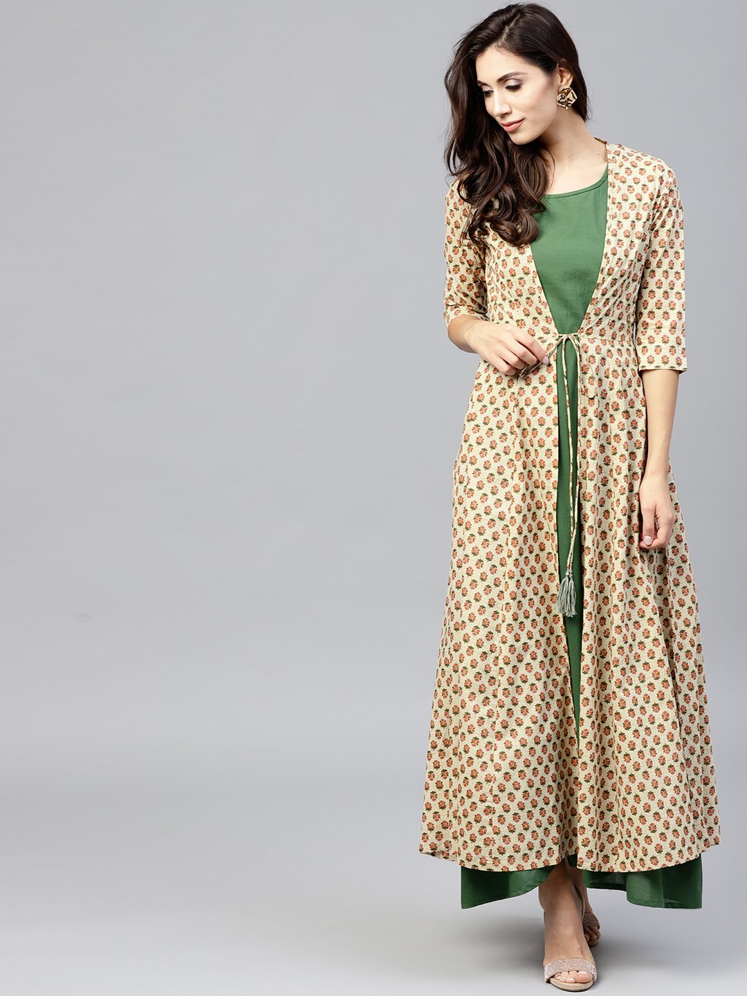 Dark Green Maxi Dress With Detachable Printed Jacket | LASVINI - Redefining Indian Fashion with Elegance