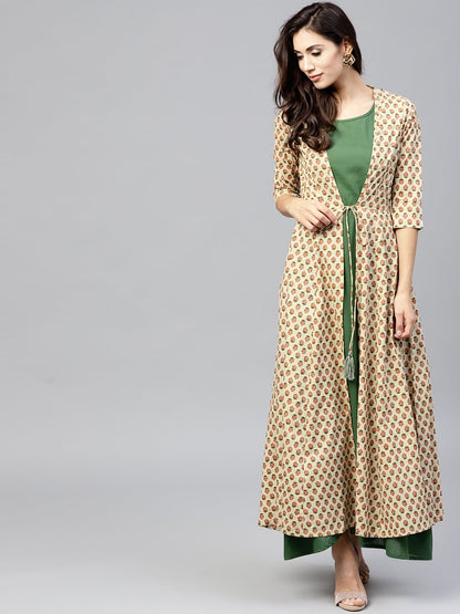 Dark Green Maxi Dress With Detachable Printed Jacket | LASVINI - Redefining Indian Fashion with Elegance