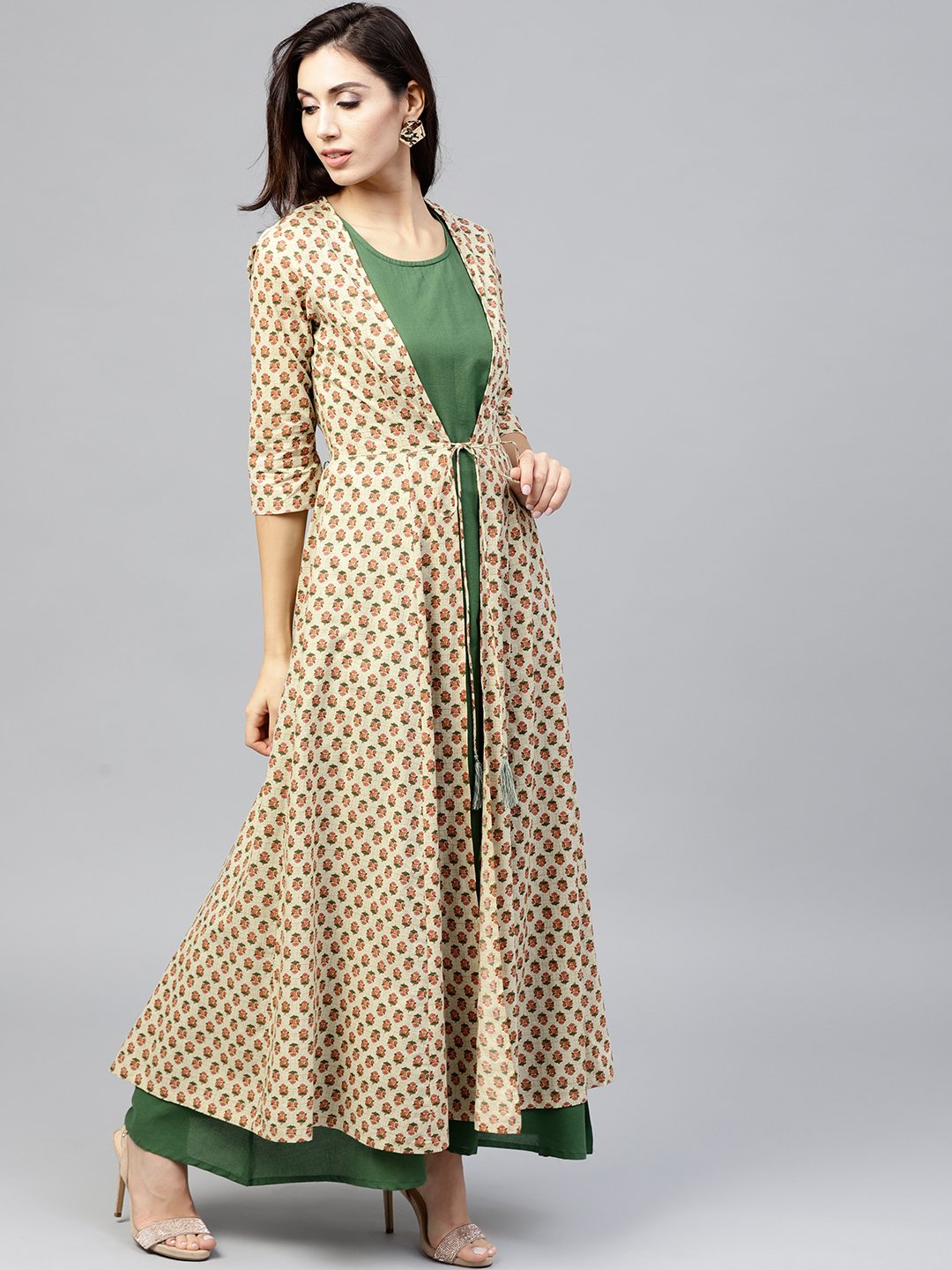 Dark Green Maxi Dress With Detachable Printed Jacket | LASVINI - Redefining Indian Fashion with Elegance