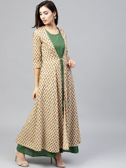 Dark Green Maxi Dress With Detachable Printed Jacket | LASVINI - Redefining Indian Fashion with Elegance