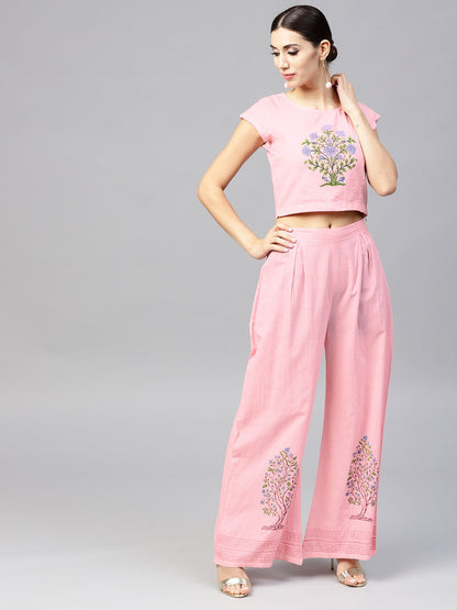 Pink Cap Sleeve Block Printed Cotton Crop Top With Block Printed Palazzo | LASVINI - Redefining Indian Fashion with Elegance