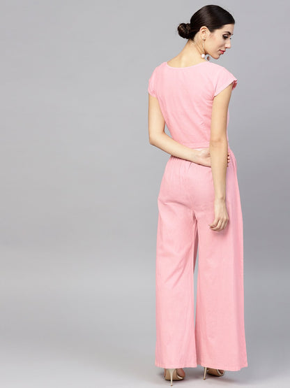 Pink Cap Sleeve Block Printed Cotton Crop Top With Block Printed Palazzo | LASVINI - Redefining Indian Fashion with Elegance