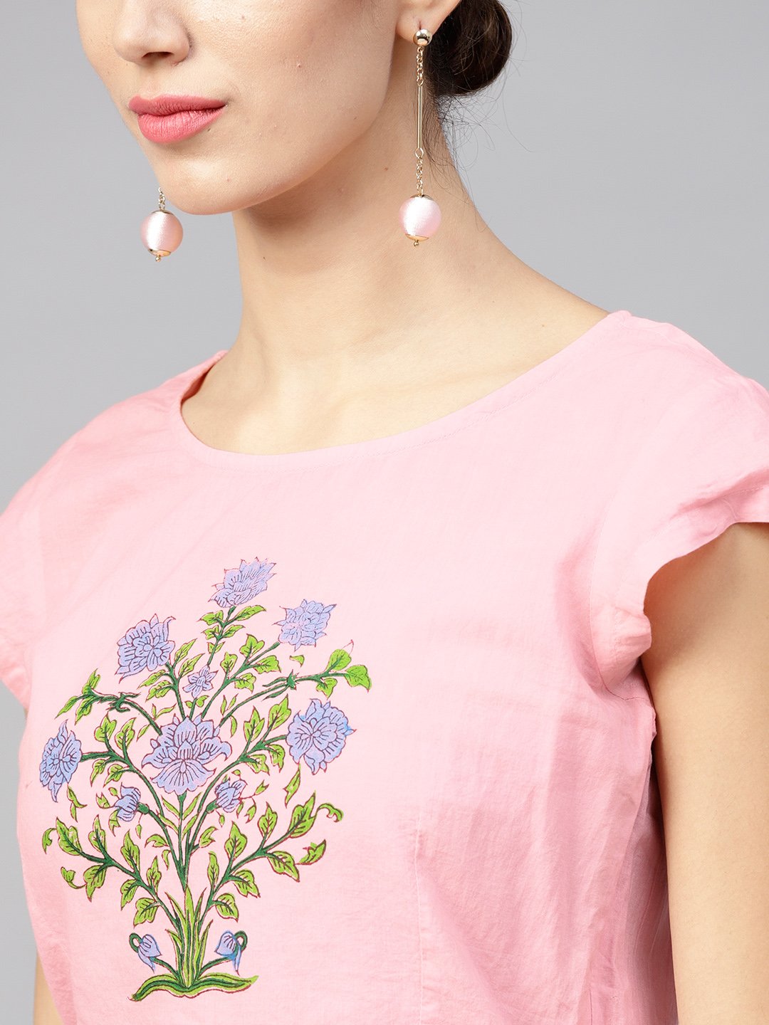 Pink Cap Sleeve Block Printed Cotton Crop Top With Block Printed Palazzo | LASVINI - Redefining Indian Fashion with Elegance