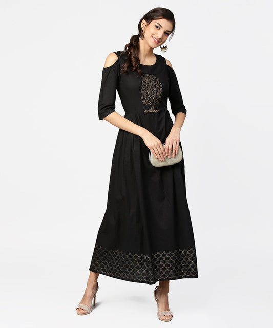 Green Block Printed Maxi Dress With Cape Collar And Cold Shoulders | LASVINI - Redefining Indian Fashion with Elegance