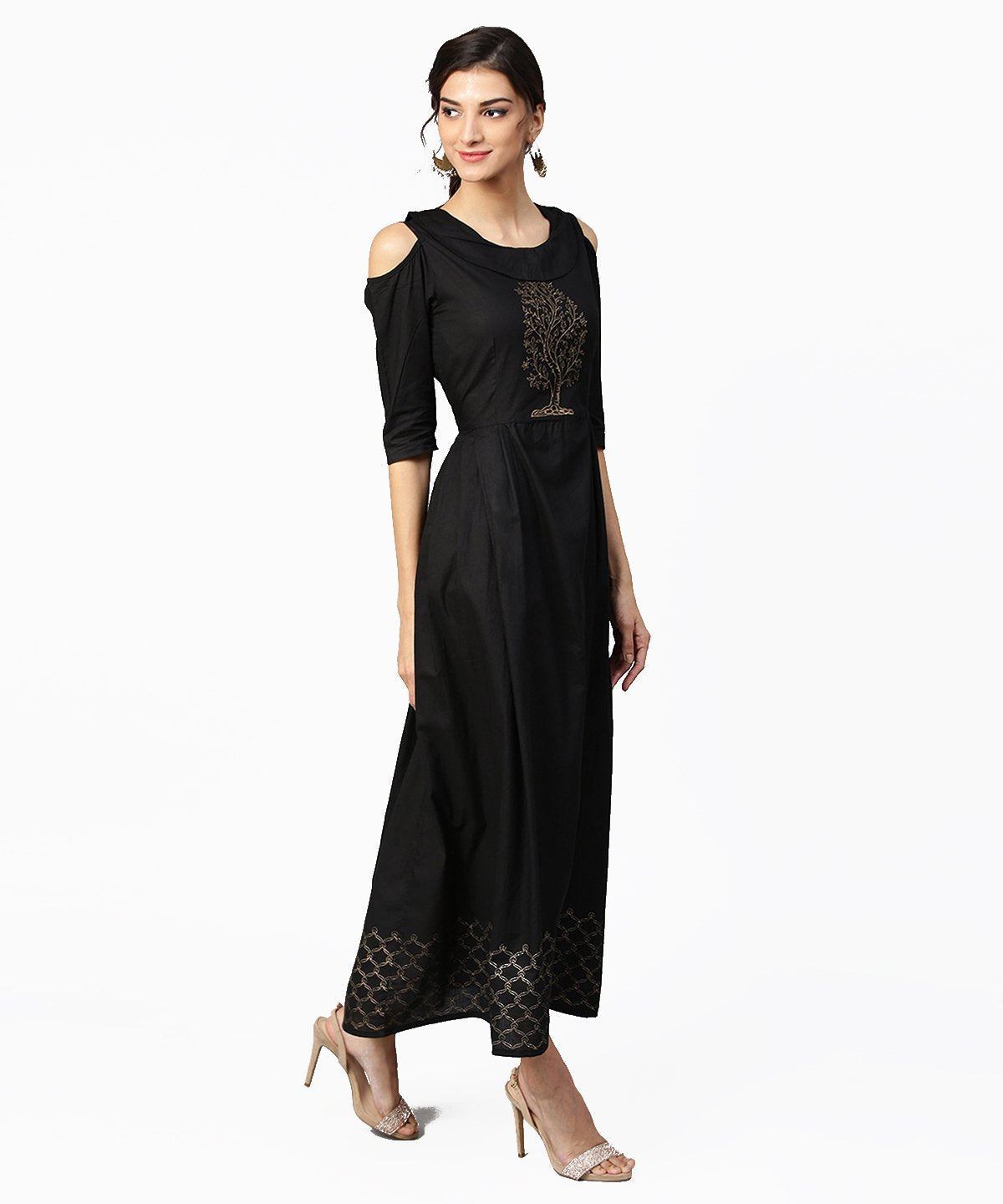 Green Block Printed Maxi Dress With Cape Collar And Cold Shoulders | LASVINI - Redefining Indian Fashion with Elegance