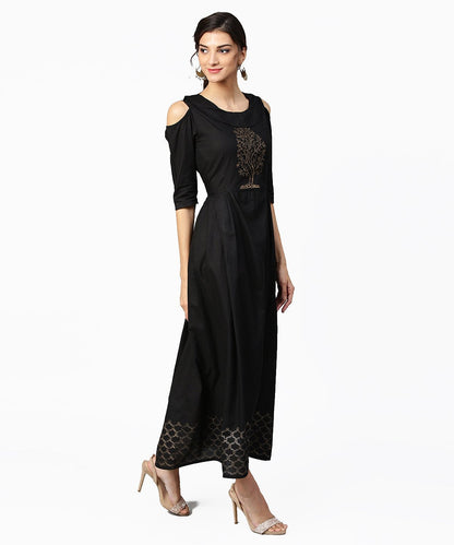 Green Block Printed Maxi Dress With Cape Collar And Cold Shoulders | LASVINI - Redefining Indian Fashion with Elegance