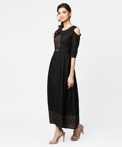 Green Block Printed Maxi Dress With Cape Collar And Cold Shoulders | LASVINI - Redefining Indian Fashion with Elegance