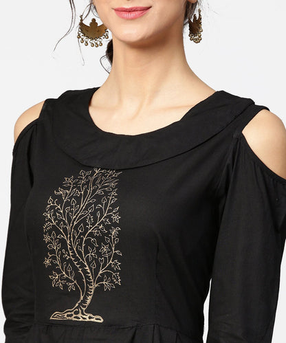 Green Block Printed Maxi Dress With Cape Collar And Cold Shoulders | LASVINI - Redefining Indian Fashion with Elegance