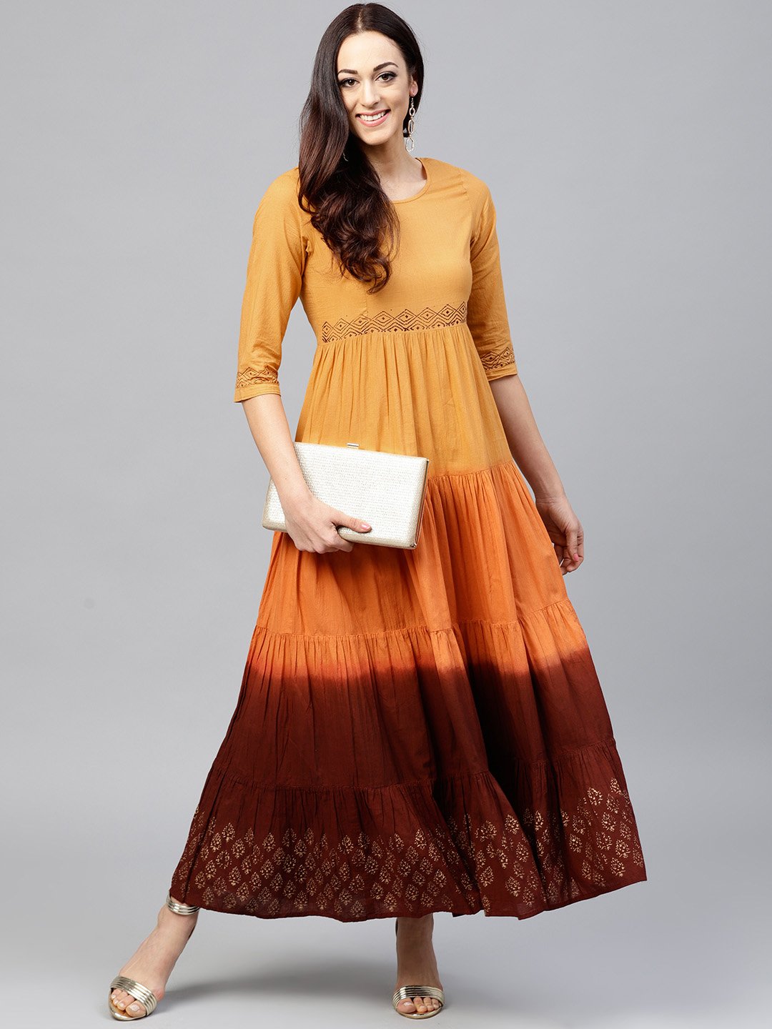 Multi Colored Tie And Dye Tiered Block Printed Maxi Dress With Round Neck And 3/4 Sleeves | LASVINI - Redefining Indian Fashion with Elegance