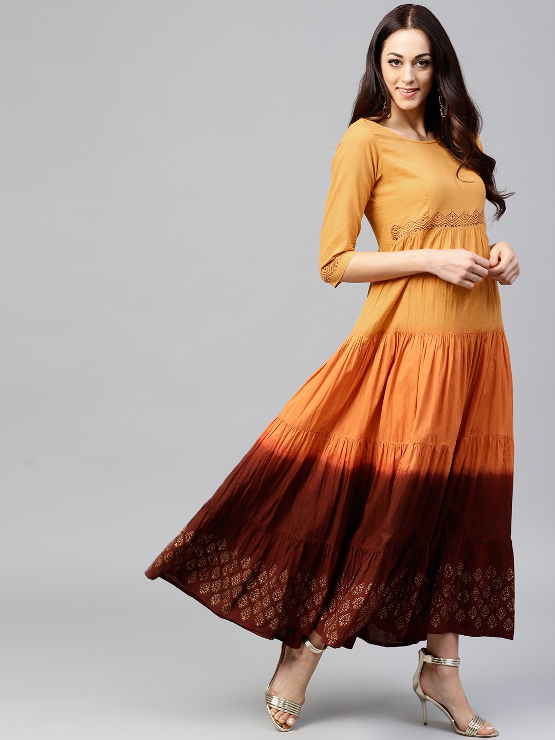 Multi Colored Tie And Dye Tiered Block Printed Maxi Dress With Round Neck And 3/4 Sleeves | LASVINI - Redefining Indian Fashion with Elegance