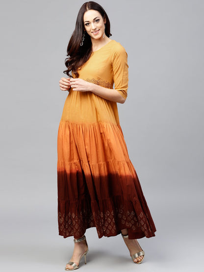 Multi Colored Tie And Dye Tiered Block Printed Maxi Dress With Round Neck And 3/4 Sleeves | LASVINI - Redefining Indian Fashion with Elegance