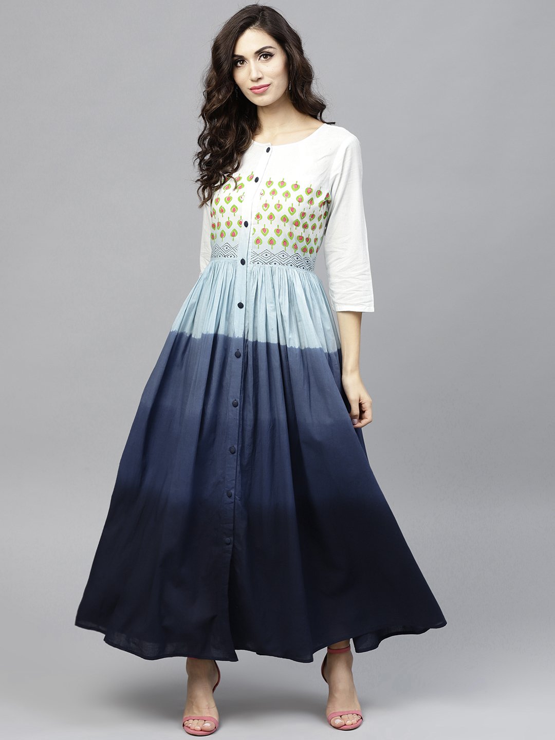 Multi Colored Ombre Dyed Round Neck Maxi Dress With Front Placket & 3/4 Sleeves | LASVINI - Redefining Indian Fashion with Elegance