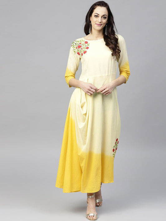 Yellow Dyed Cowl Maxi Dress With Round Neck And 3/4 Sleeves | LASVINI - Redefining Indian Fashion with Elegance