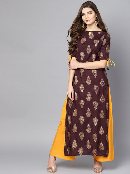 Maroon Boat Neck Half Sleeve Printed Kurta With Yellow Ankle Length Palazzo | LASVINI - Redefining Indian Fashion with Elegance