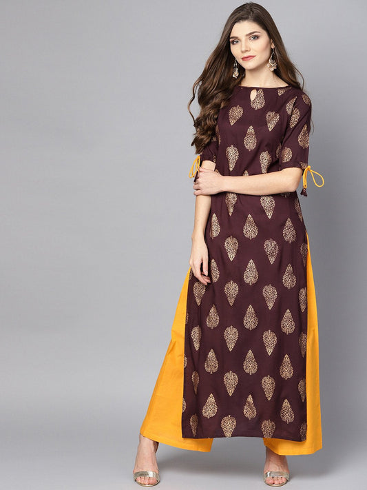 Maroon Boat Neck Half Sleeve Printed Kurta With Yellow Ankle Length Palazzo | LASVINI - Redefining Indian Fashion with Elegance