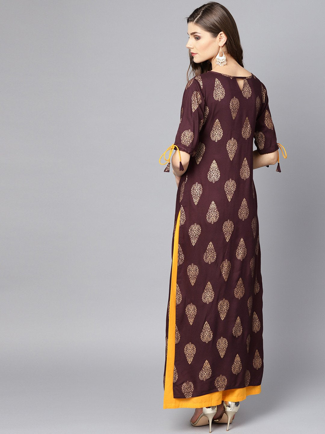 Maroon Boat Neck Half Sleeve Printed Kurta With Yellow Ankle Length Palazzo | LASVINI - Redefining Indian Fashion with Elegance