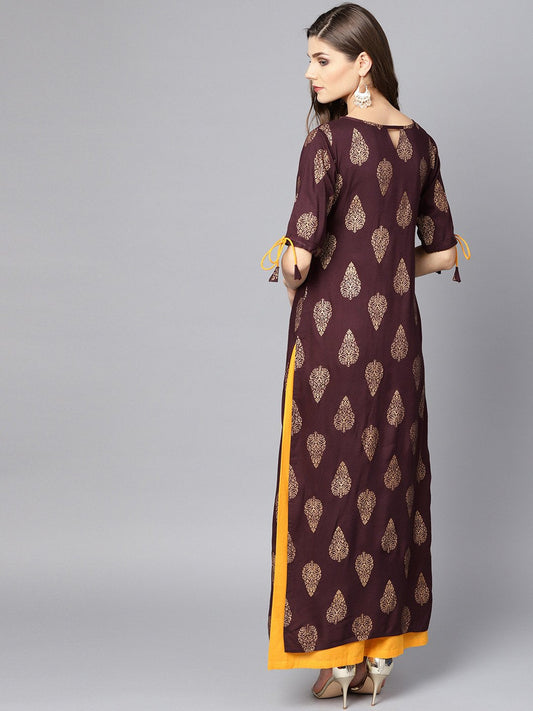 Maroon Boat Neck Half Sleeve Printed Kurta With Yellow Ankle Length Palazzo | LASVINI - Redefining Indian Fashion with Elegance