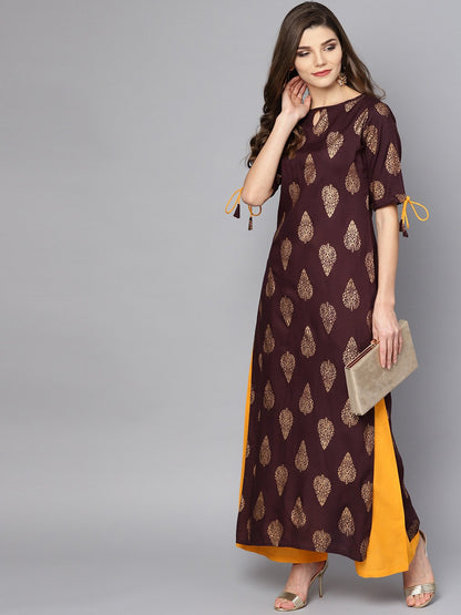 Maroon Boat Neck Half Sleeve Printed Kurta With Yellow Ankle Length Palazzo | LASVINI - Redefining Indian Fashion with Elegance