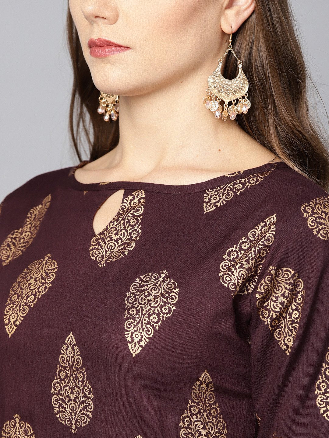 Maroon Boat Neck Half Sleeve Printed Kurta With Yellow Ankle Length Palazzo | LASVINI - Redefining Indian Fashion with Elegance