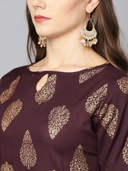 Maroon Boat Neck Half Sleeve Printed Kurta With Yellow Ankle Length Palazzo | LASVINI - Redefining Indian Fashion with Elegance