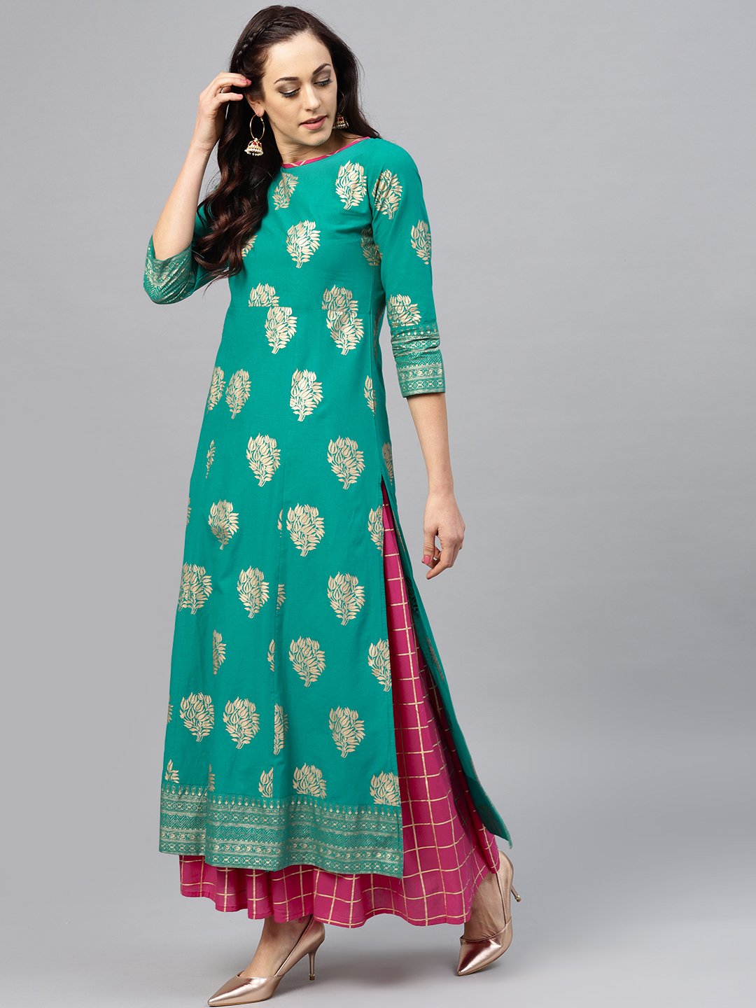Green Floral Printed Kurta Set With Checked Magenta Skirt | LASVINI - Redefining Indian Fashion with Elegance