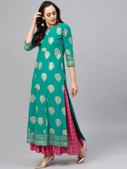 Green Floral Printed Kurta Set With Checked Magenta Skirt | LASVINI - Redefining Indian Fashion with Elegance