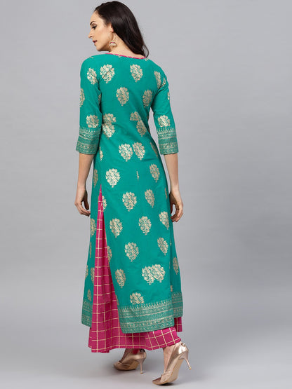 Green Floral Printed Kurta Set With Checked Magenta Skirt | LASVINI - Redefining Indian Fashion with Elegance