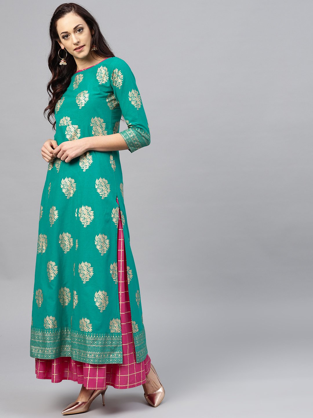 Green Floral Printed Kurta Set With Checked Magenta Skirt | LASVINI - Redefining Indian Fashion with Elegance